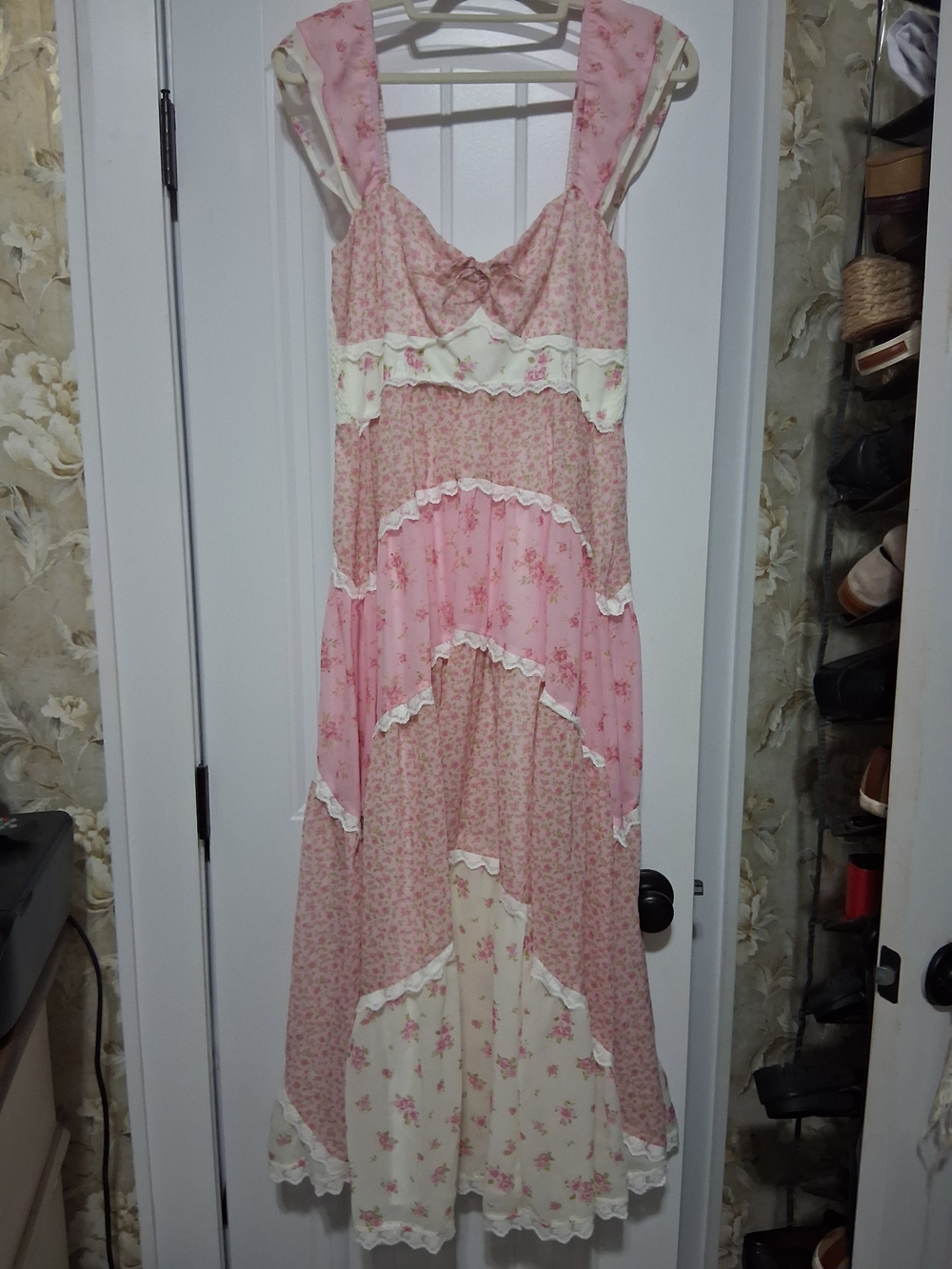 Girls' Pink Floral Tiered Dress with Cream Accents